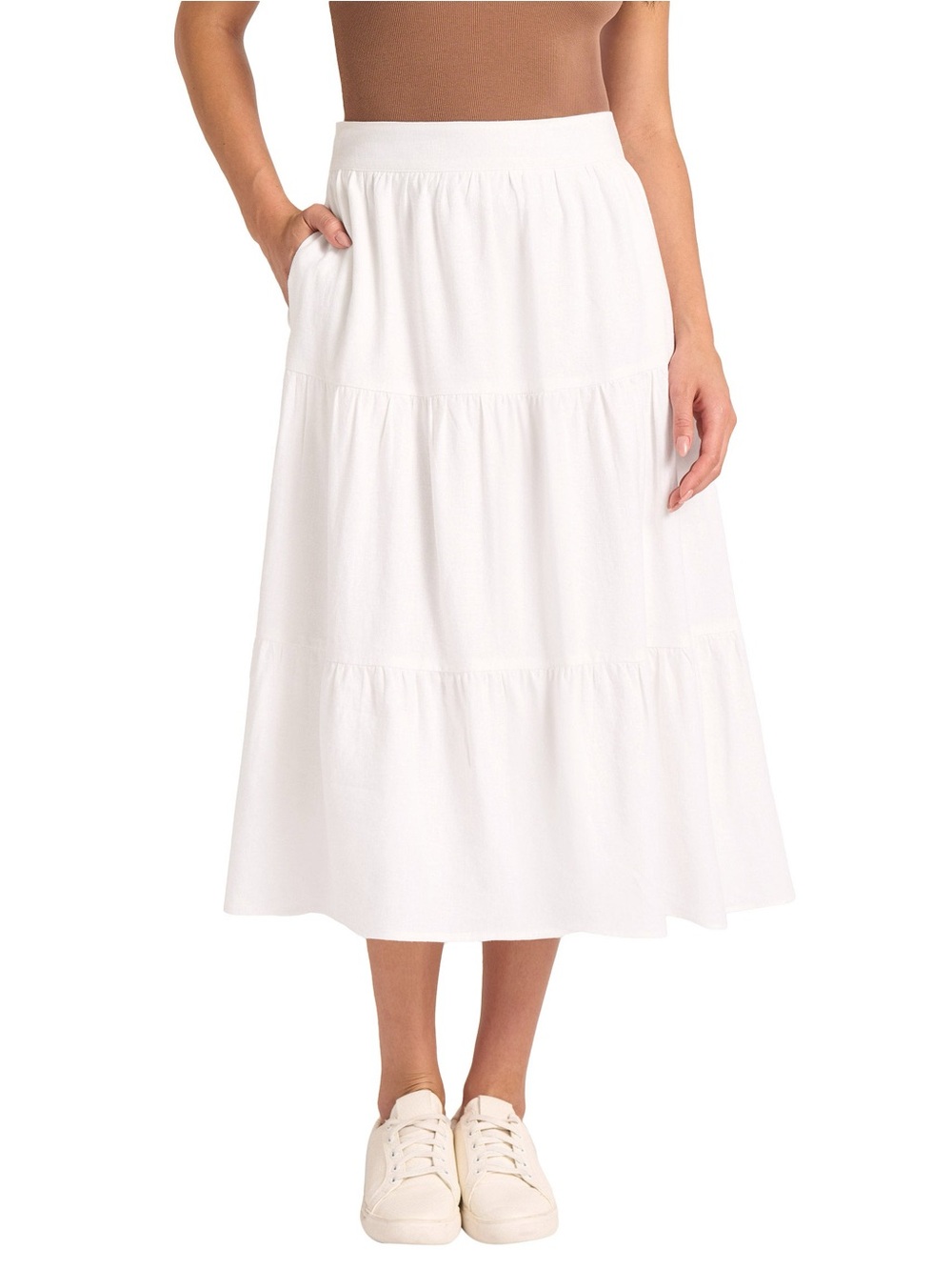 Matty M. Linen blend tiered midi skirt
